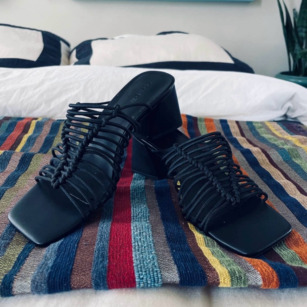 Black Strappy Knot-Detail Block Heel Mules